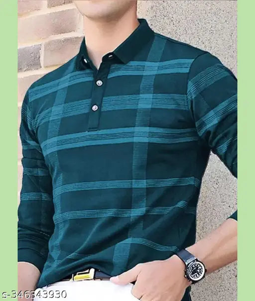 Cotton blend full sleeve printed polo neck T-shirt for men, available in black, green, maroon, and navy blue. Perfect for various styles and occasions