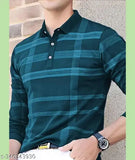 Cotton blend full sleeve printed polo neck T-shirt for men, available in black, green, maroon, and navy blue. Perfect for various styles and occasions