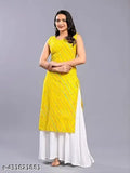 Yellow cotton Zodeox Laheriya straight kurta with palazzos, off-white and dyed/washed net print, suitable for traditional, casual, party or evening wear