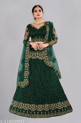Green silk and net lehenga with embellished dupatta, showcasing heavy embroidery and stonework. Semi-stitched (waist size 44 in, length 42 in, dupatta length 2.25 in), featuring a heavy net choli with silk inner fabric. Origin: India (Lehenga length 46 in, Choli size 0.80 mtr, Dupatta length 2.4 mtr)