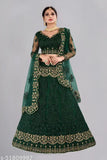 Green silk and net lehenga with embellished dupatta, showcasing heavy embroidery and stonework. Semi-stitched (waist size 44 in, length 42 in, dupatta length 2.25 in), featuring a heavy net choli with silk inner fabric. Origin: India (Lehenga length 46 in, Choli size 0.80 mtr, Dupatta length 2.4 mtr)