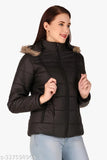 Solid polyester women's winter jacket for Comfot Fit, hooded with ribbed cuffs & side pockets, in sizes M-XXL (India)