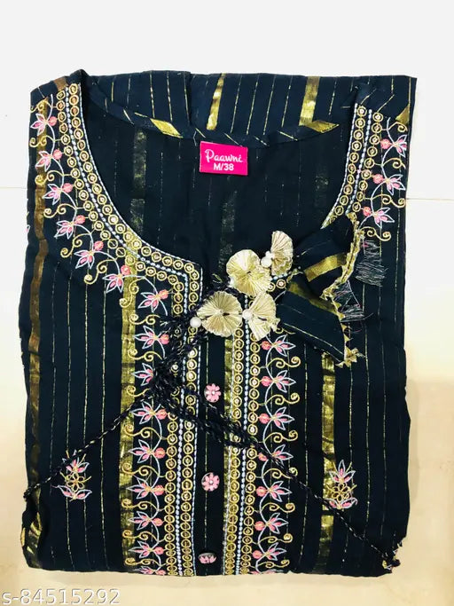 Blue cotton blend embroidered Anarkali kurta with gotta lace border, three-quarter sleeves. Indian traditional wear for functions, festivals, parties, and weddings