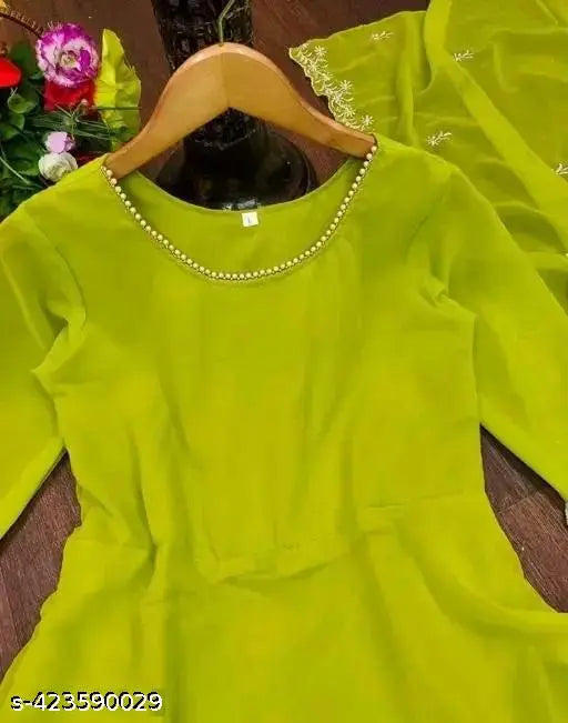 Georgette dyed gown with embroidery, heavy fabric and three-quarter sleeves by Falak, women's fashion, Indian design