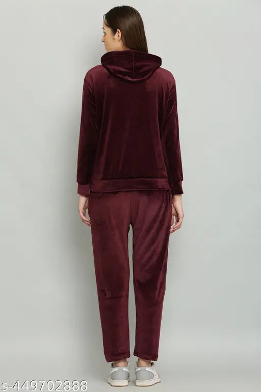 Women's wine-colored cotton blend tracksuit with long sleeves, perfect for casual wear