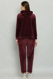 Women's wine-colored cotton blend tracksuit with long sleeves, perfect for casual wear