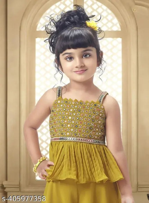 Georgette palazzo kurta dupatta set for girls, embellished with sequins and embroidery, India-made festive wear