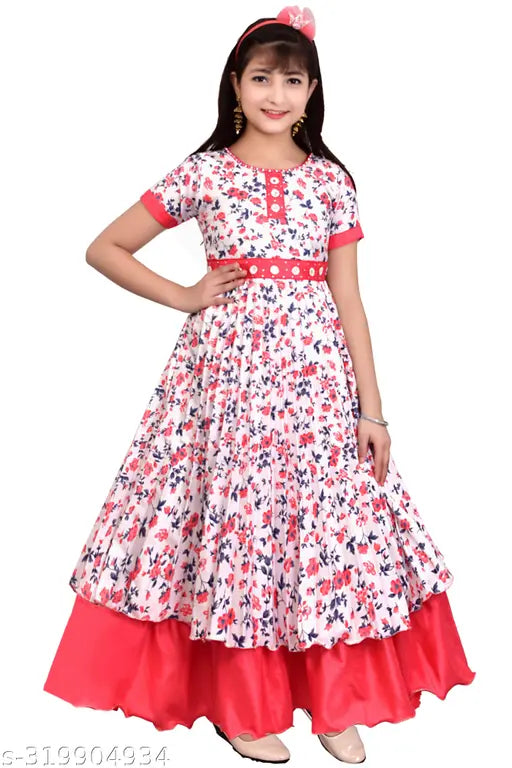 Red cotton blend maxi full-length wedding dress for girls (short sleeves) - vibrant printed net pattern, perfect for special occasions in India