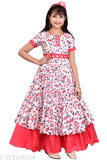 Red cotton blend maxi full-length wedding dress for girls (short sleeves) - vibrant printed net pattern, perfect for special occasions in India