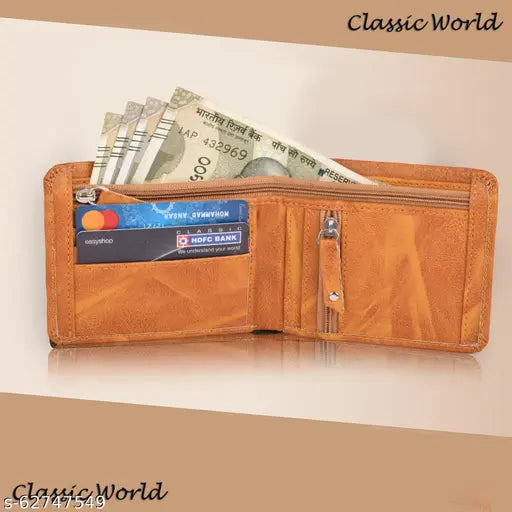 Tan PU textured bi-fold wallet, classic world new trending design for men's everyday use, free size (9cm x 5cm)
