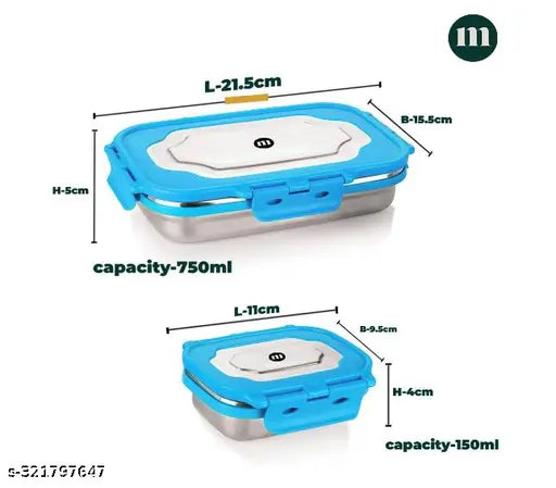 Green stainless steel Brezzo lunchbox, airtight & leakproof (650ml, 150ml), perfect for school and office trips