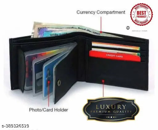 Black PU album leather men's wallet, solid pattern, 5 compartments, free size (9cm x 12cm), India-made accessory