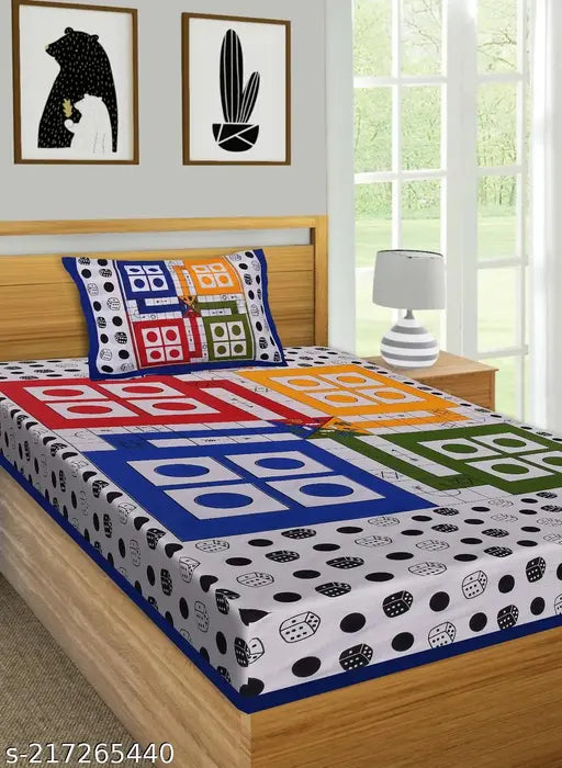 Ludo Printed Single Cotton Bed Sheet & Pillow Cover - Jaipuri trend for kids' summer beds, India origin