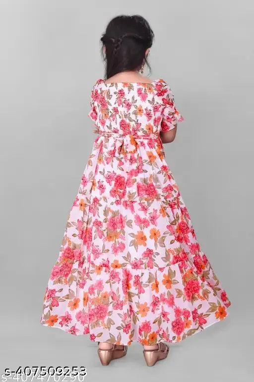 Short sleeve printed net gown for kids (9-10 yrs to 14-15 yrs), Indian handcrafted design