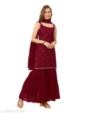 Georgette straight kurta sharara set in divine dupatta duo, embroidered with three-quarter sleeves, pack of 3 sizes (XS, S, M), Indian origin