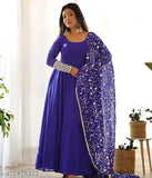 Georgette embroidered Anarkali gown, solid net, Indian occasion wear for women (M, XL)