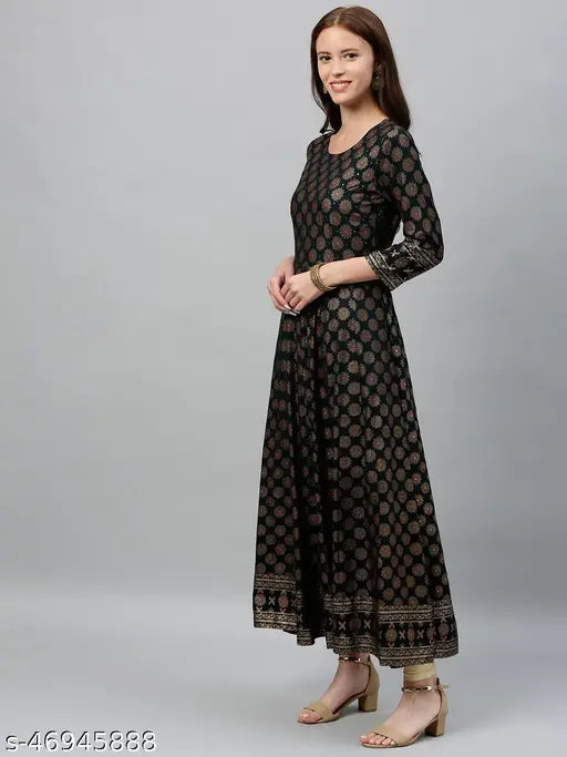 Black Rayon Slub fabric Anarkali with golden printed ethnic design - Indian women's fashion, three-quarter sleeves