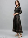 Black Rayon Slub fabric Anarkali with golden printed ethnic design - Indian women's fashion, three-quarter sleeves