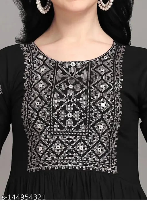 Black embroidered rayon flared kurti, three-quarter sleeves, intricate embroidery pattern