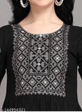 Black embroidered rayon flared kurti, three-quarter sleeves, intricate embroidery pattern