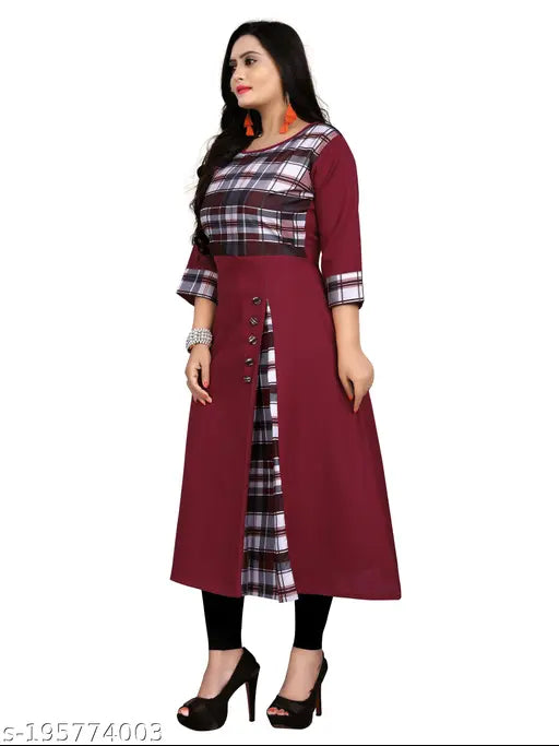Voguish printed cotton kurti with checked pattern, three-quarter sleeves for women, S-XXXXL