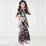 Dupion silk girls' sharara kurta & dupatta set with lace embellishments, comfortable for any season or occasion. Indian ready-to-wear