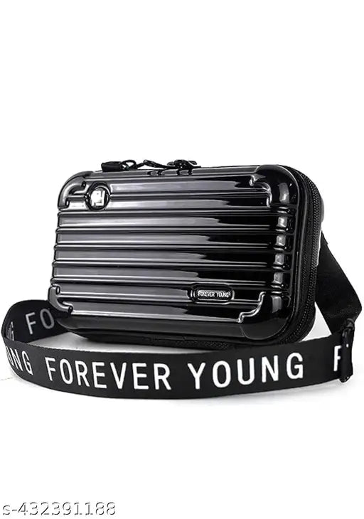 Solid PVC Forever Young sling bag, waterproof case with RFID protection. Crossbody & mini suitcase box style for women and girls
