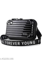 Solid PVC Forever Young sling bag, waterproof case with RFID protection. Crossbody & mini suitcase box style for women and girls