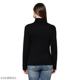 Black cotton roll-up turtleneck top for women, solid pattern, layered with long sleeves