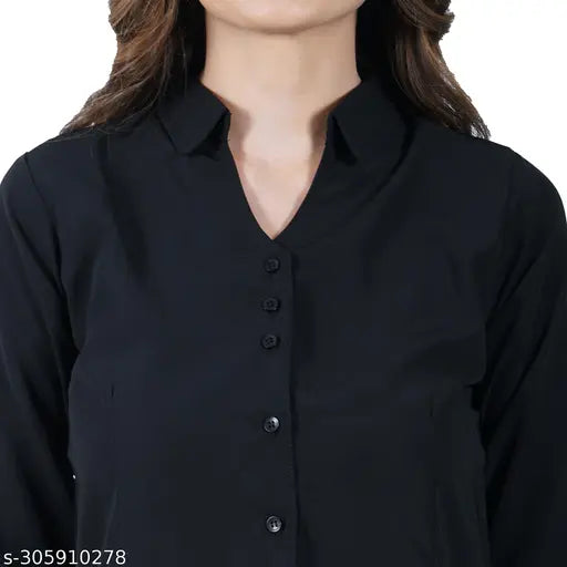 Black poly viscose solid regular fit shirt for women - soft, breathable, and machine washable