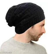 Stylish wool winter cap for men, solid net pattern, handmade in India