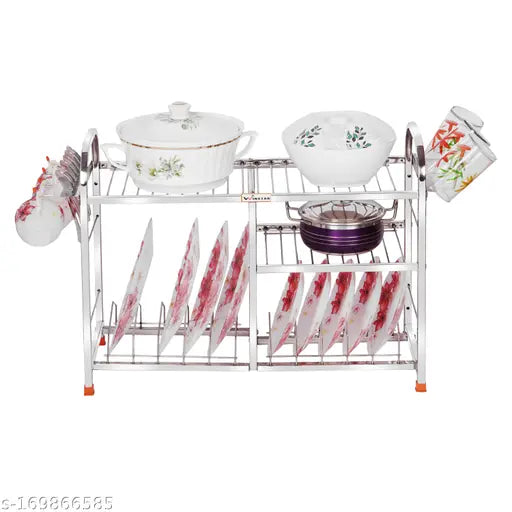 Stainless steel 3-shelf kitchen utensil rack, dishwasher-safe organizer for plates and cutlery, modular design, 18H x 24L inches (Lower 2 Plate)