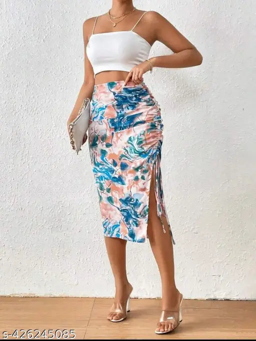 Printed polyester party skirt, vibrant net pattern, fashionable wear for sizes 26, 28, 30, 32 (India)