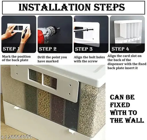 Wall-mounted PVC cereal dispenser with 6 grids, airtight for rice, nuts, candy, coffee beans, snacks, and grains. Space-saving, easy to use, and durable design. Clear shell shows contents. Made in India