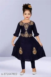 Embroidered rayon kurta churidar leggings set for girls, Indian festive wear with A-line top and three-quarter sleeves