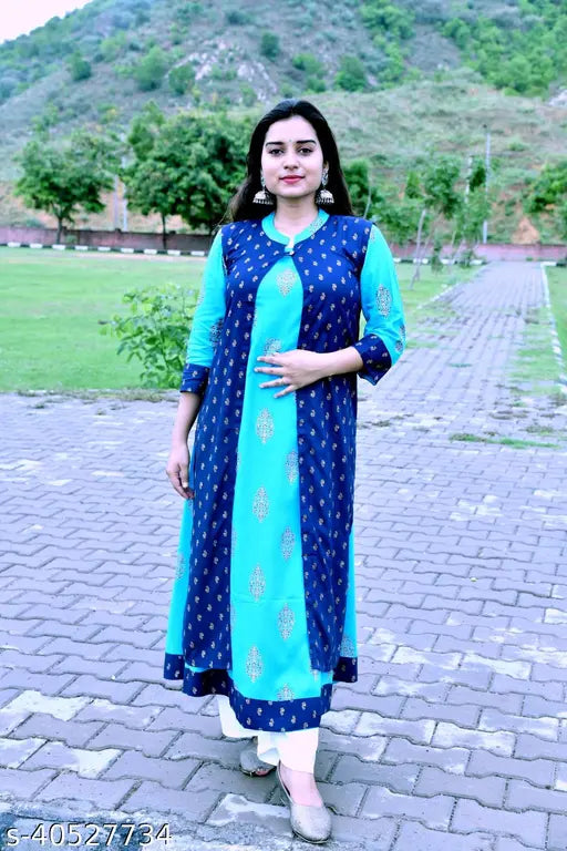 Rayon double layer flare kurti with long jacket, printed combo in three-quarter sleeves