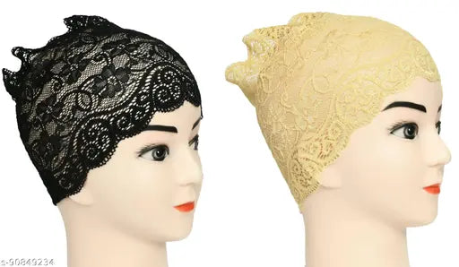 Black & cream lycra self-design hijab cap (2 pcs), suitable for full head cover under scarves