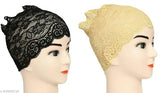 Black & cream lycra self-design hijab cap (2 pcs), suitable for full head cover under scarves