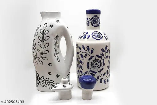 Blue & white handmade ceramic oil dispensers (1000ml), pack of 2 for kitchen use - stylish and leak-proof, perfect for storing oils and vinegars