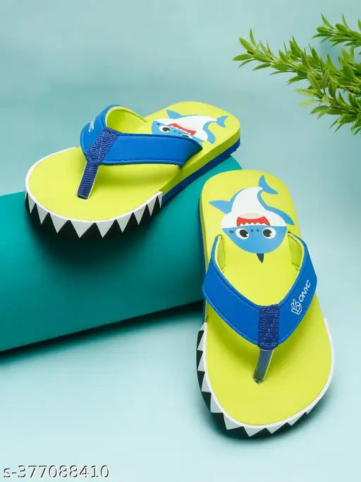 Premium EVA shark flip flops for kids (Unisex), cartoon character pattern, blue and green colors