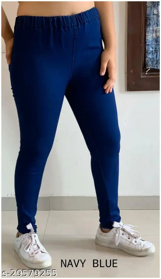 Navy blue denim jegging, stretchable elastic belt for any occasion. Comfortable fit with pocket, machine washable