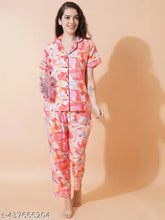 Fbella women's cotton blend abstract printed night suit set, ethnic print sleepwear, comfortable pyjamas with lapel collar and pant pockets, Indian origin