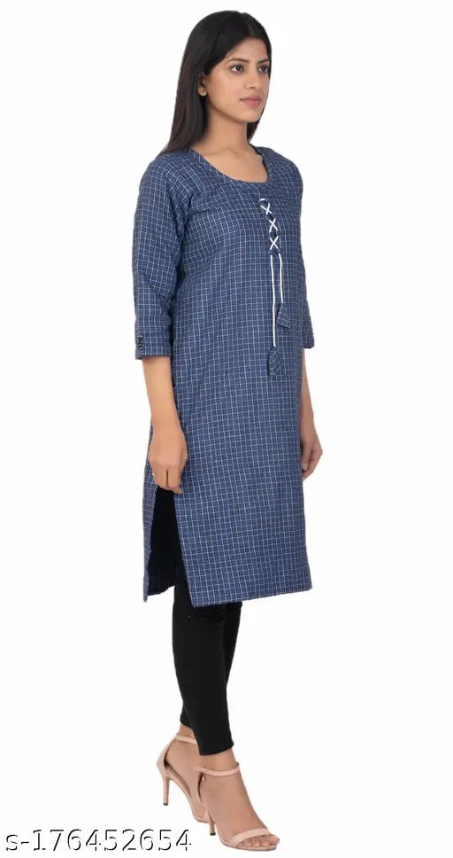 Blue Woolen Checked Kurti for Women and Girls, three-quarter sleeves, women ethnic wear, women top wear
