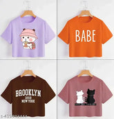 Multicolor printed cotton blend crop top tee shirt pack for women, fashionable and trendy