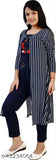 Striped viscose dress set for girls, ages 8-13, featuring a western wear top, full-length shrug, and ankle-length pants in navy blue. Blue checkered, three-quarter sleeve fashion
