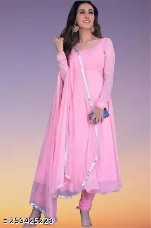 Trendy women's pink Georgette gown with lace border dupatta, faux Georgette fabric, full sleeve, plain pattern, cotton inner fabric by Crepe, India-made, sizes XXS-XXXXL (36in bust, 48/50in length) from Ninja Western