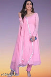 Trendy women's pink Georgette gown with lace border dupatta, faux Georgette fabric, full sleeve, plain pattern, cotton inner fabric by Crepe, India-made, sizes XXS-XXXXL (36in bust, 48/50in length) from Ninja Western