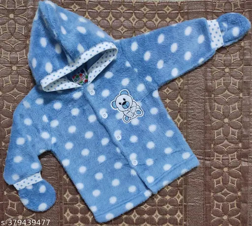 Blue wool hooded sweater set for kids with polka dots and cartoon print, perfect for newborns