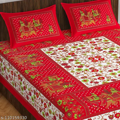 Red Jaipuri Printed Cotton Bedsheet Set (Double Queen, 160TC) - Ideal for Summer