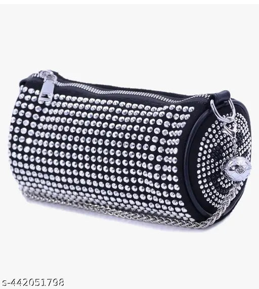 Rhinestone-Embellished PU Sling Bag, dholak-inspired design, chain handle, elegant accessory